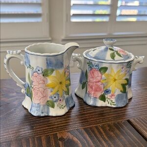 Andrea By Sadek Pink, Yellow & Blue Floral Sugar and Creamer Set